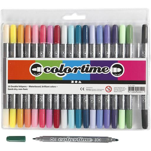 Colortime Double-Ended Felt Tip Pens, Pastel Colours - Pack of 20