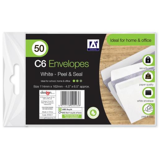 IGD White C6 Peel & Seal Envelopes - Pack of 50