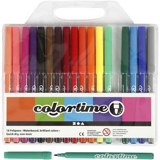 Colortime Felt Tip Marker Pens, Pack of 18 - Assorted