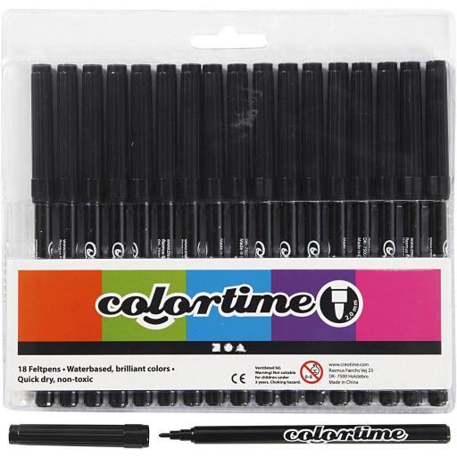 Colortime Felt Tip Marker Pens, Pack of 18 - Black