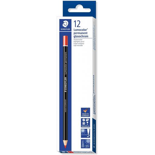 Staedtler Lumocolor Permanent Glasochrom Pencil, Red - Box of 12