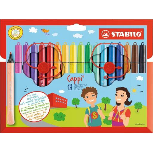 Stabilo Cappi Fibre Tip Pens + Cap Ring - Box of 18