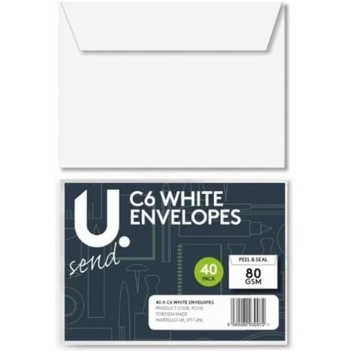 U. Peel & Seal White Envelopes 16x11.5cm, C6 Size 70gsm - Pack of 40