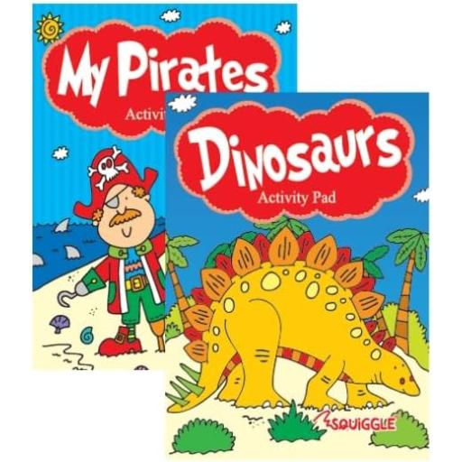 Squiggle A6 Mini Colouring & Activity Travel Sized Pads, My Pirate & Dinosaurs - Set of 2
