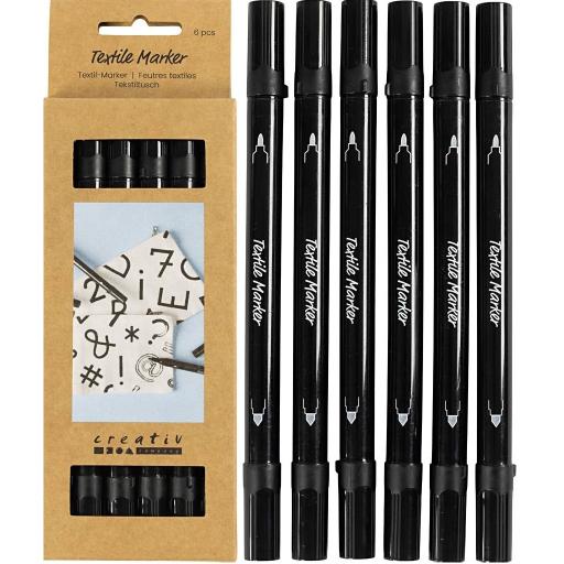 Colortime Double-Ended Textile Fabric Marker Pens Black - Pack of 6