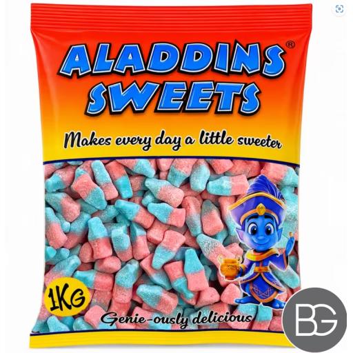 Bulk Bag - Aladdin's Sweets - Sour Neon Pink & Blue Bottles 1kg